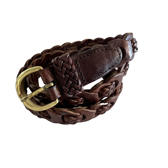 Vintage AMIEE LYNN Brown Genuine Leather Weaved Woven Belt Brass Gold Buckle S/M - Picture 1 of 5